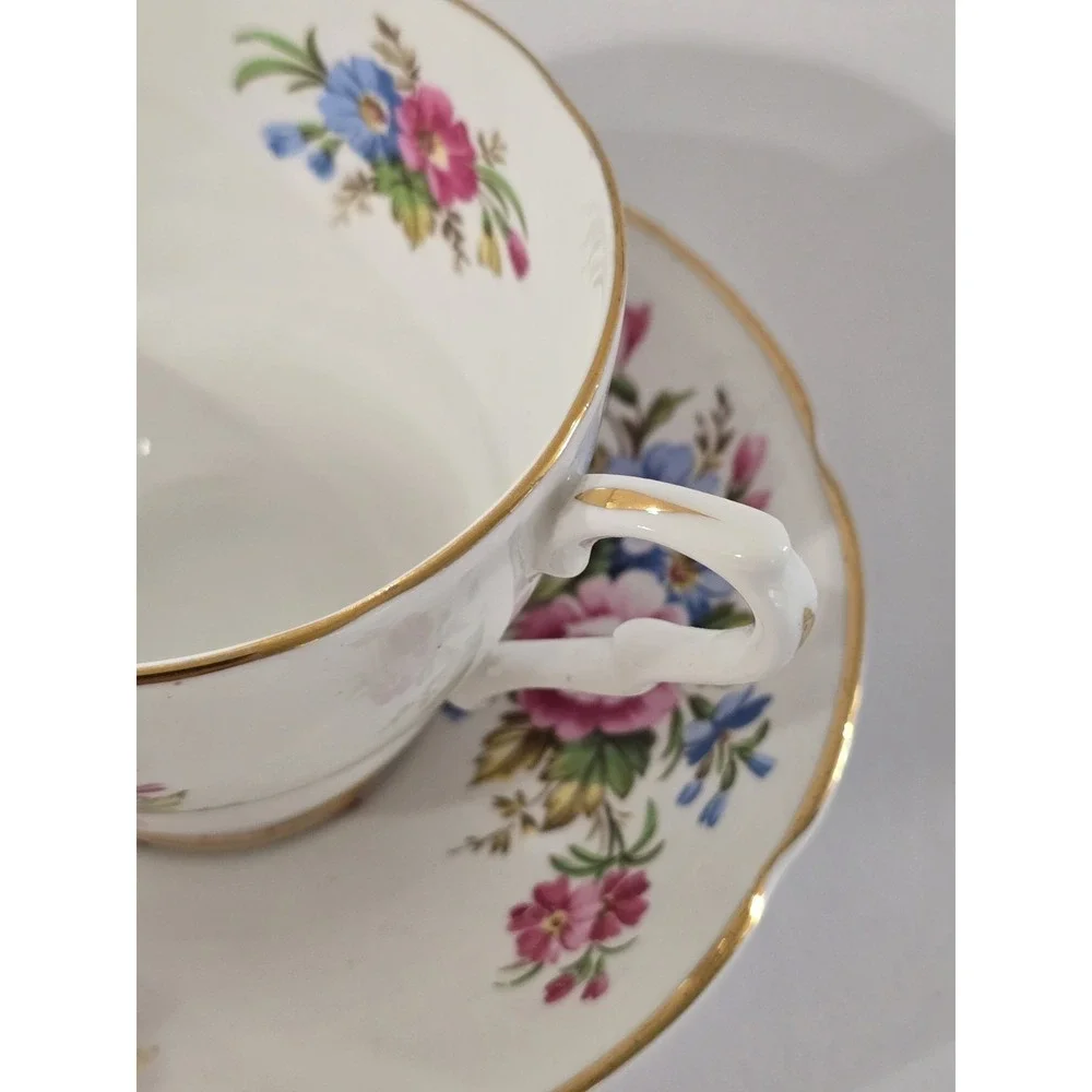 Clarence Bone China Teacup Saucer Pink Blue Floral Gold Trim England Vintage